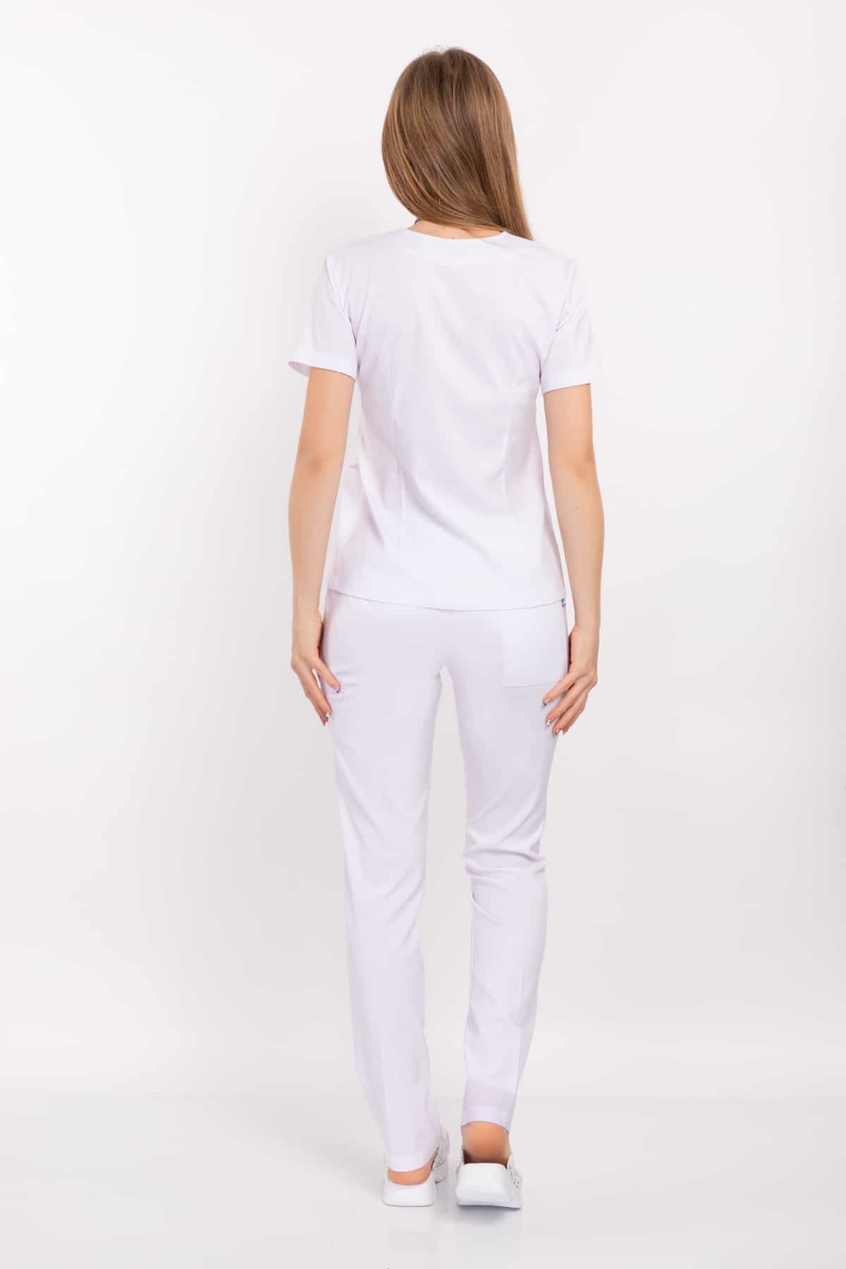 თეთრი, ელვა-შესაკრავიანი, რბილი ლიკრას სამედიცინო უნიფორმა ექიმისა და ექთნისთვის