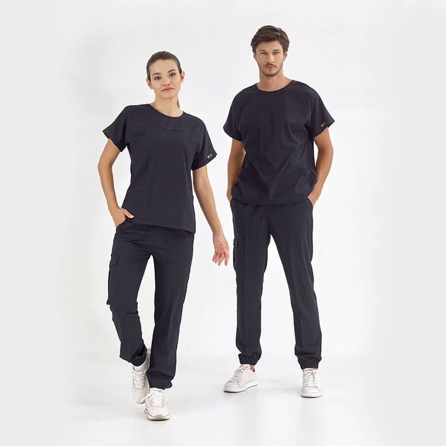 მუქი ლურჯი ჯოგერის სტილის სამედიცინო კომპლექტი ექიმისთვის, ექთნისთვის, ფუფხიანი ქსოვილისგან, ლუქს კლასი