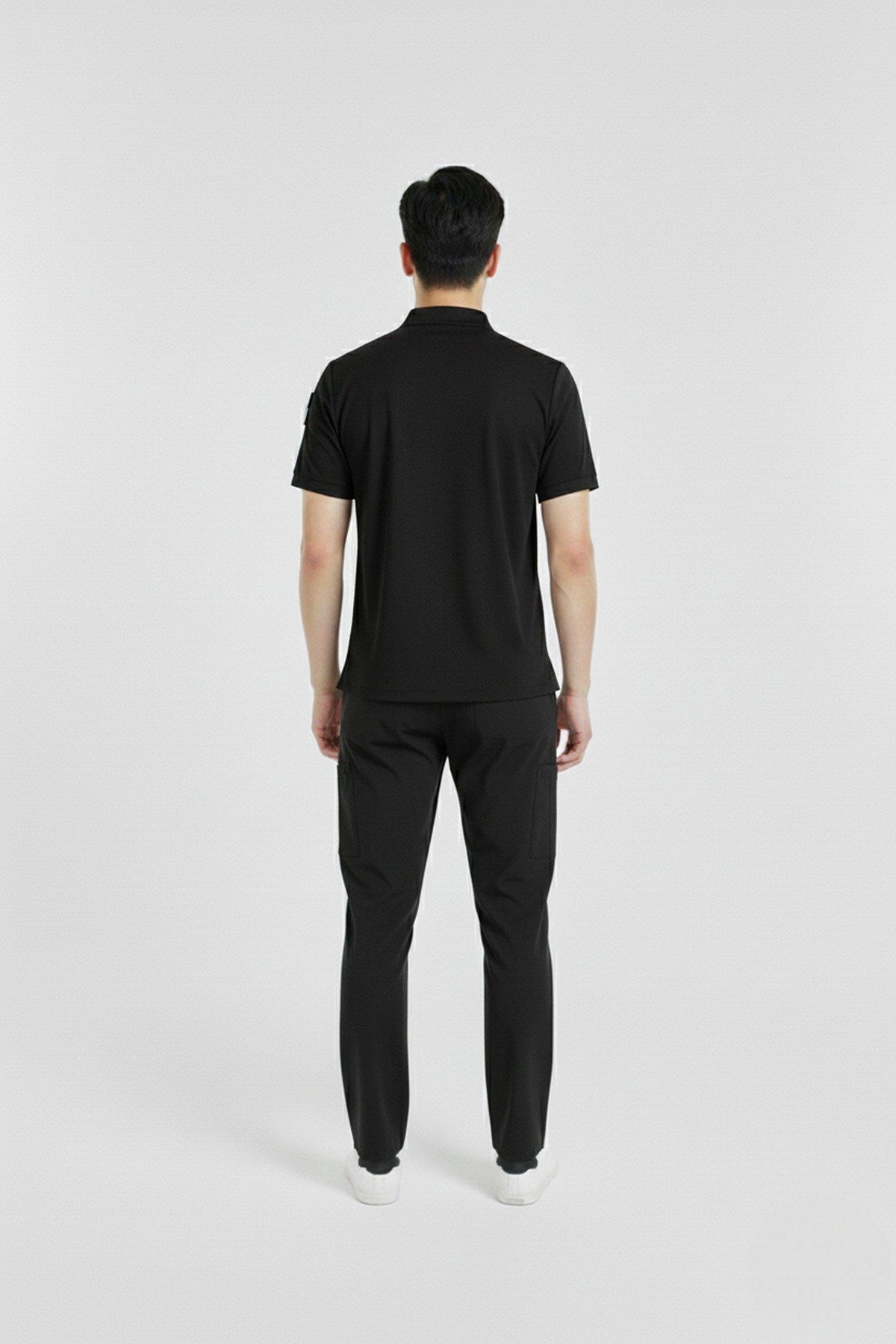 ზულუ მოდელი, შავი, მაღალყელიანი, ელასტიური ქსოვილის მამაკაცის ექიმის/ექთნის უნიფორმა-კომპლექტი