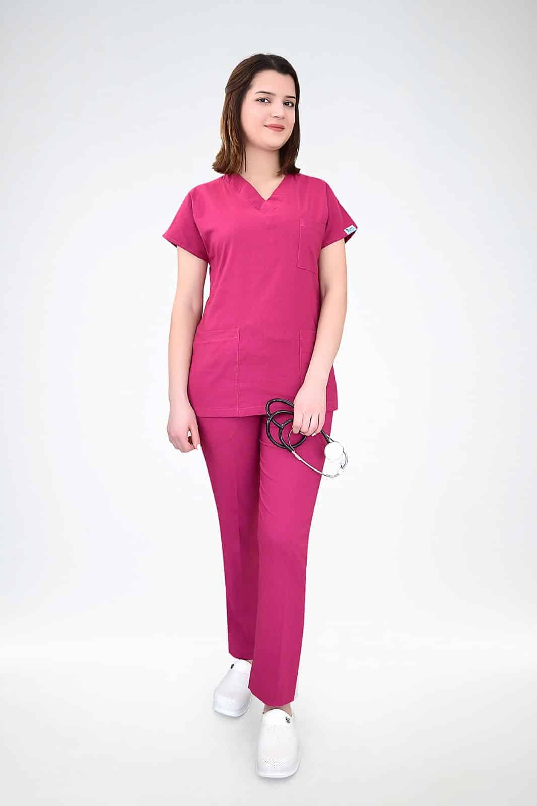 ალუბლისფერი ელასტიური უნისექსი ლიკრას სამედიცინო უნიფორმის ნაკრები ექიმისა და ექთნისთვის