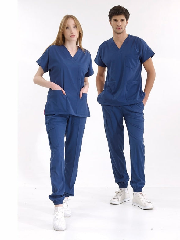 ლურჯი სამედიცინო სკრაბების ნაკრები ექიმისთვის და ექთნისთვის, ფუფულა ქსოვილი, ლუქსი