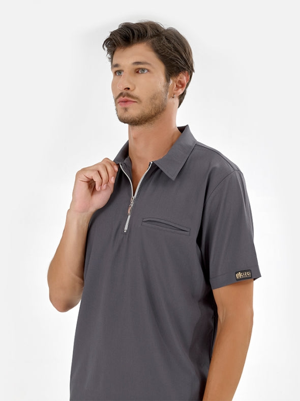 ნაცრისფერი პოლოს საყელოიანი ექიმის/ექთნის სამედიცინო სკრაბების ლუქს ნაკრები, ლიკრას ქსოვილი