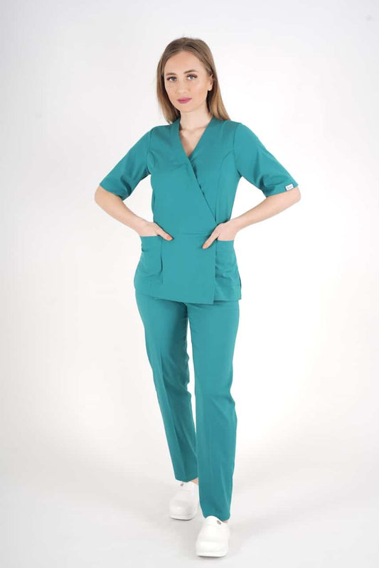 ელეგანტური, მწვანე ქირურგიული უნიფორმის კომპლექტი, წელზე შესაკრავით