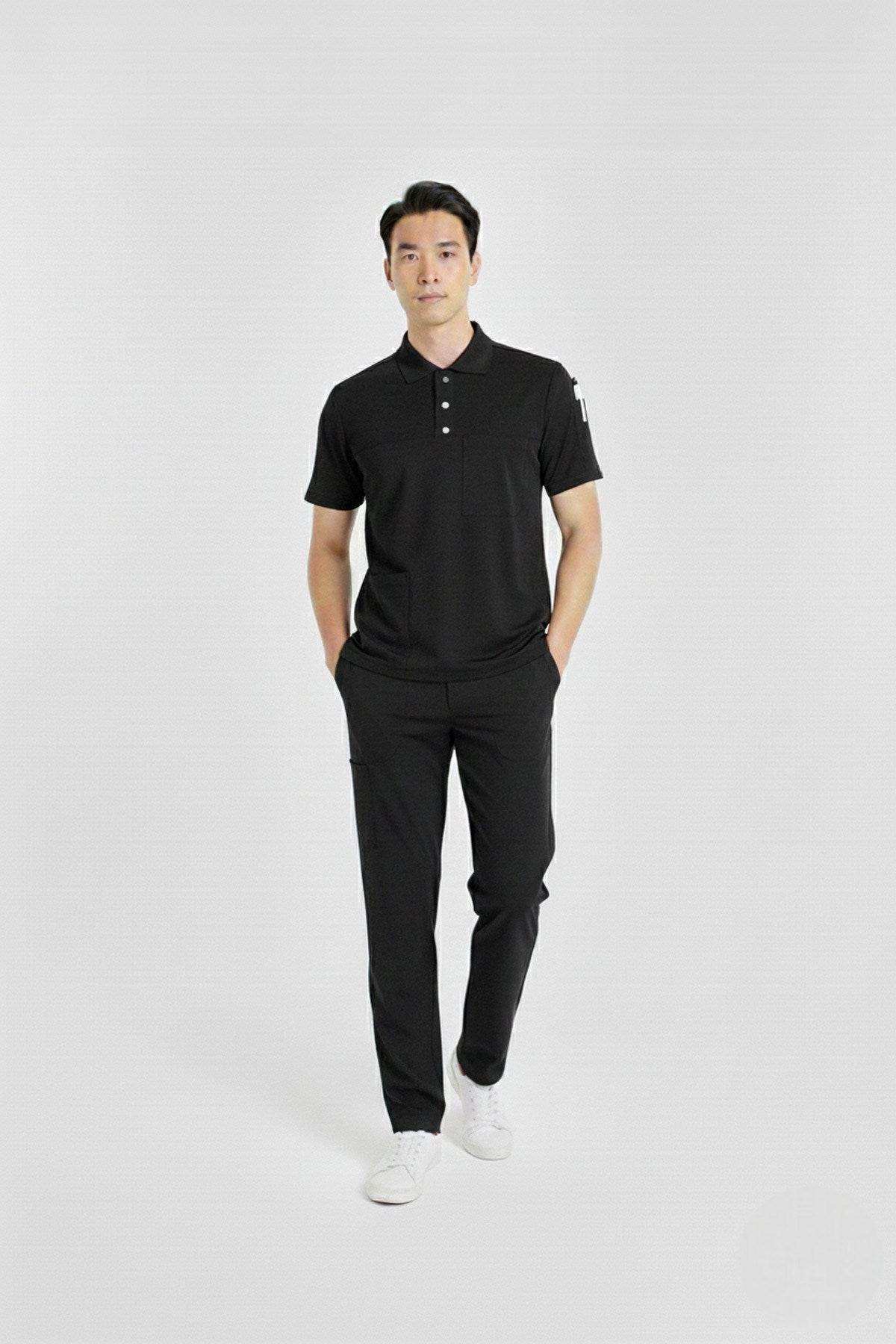 ზულუ მოდელი, შავი, მაღალყელიანი, ელასტიური ქსოვილის მამაკაცის ექიმის/ექთნის უნიფორმა-კომპლექტი