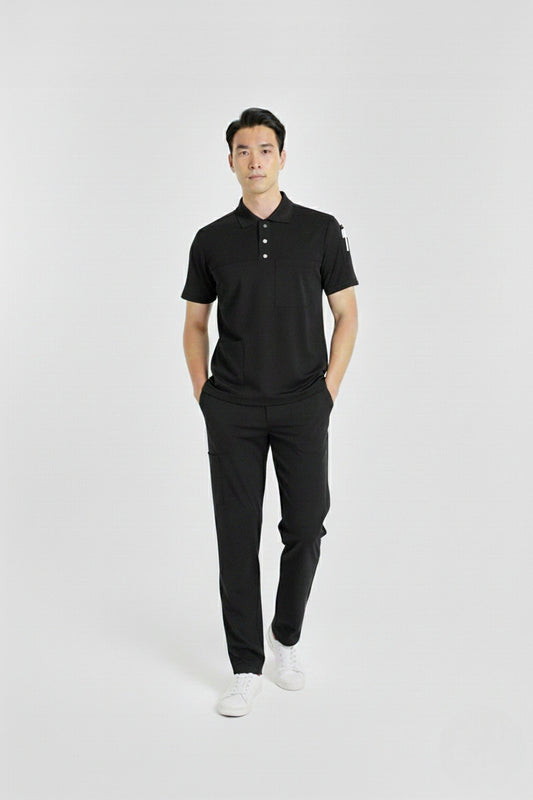 ზულუ მოდელი, შავი, მაღალყელიანი, ელასტიური ქსოვილის მამაკაცის ექიმის/ექთნის უნიფორმა-კომპლექტი