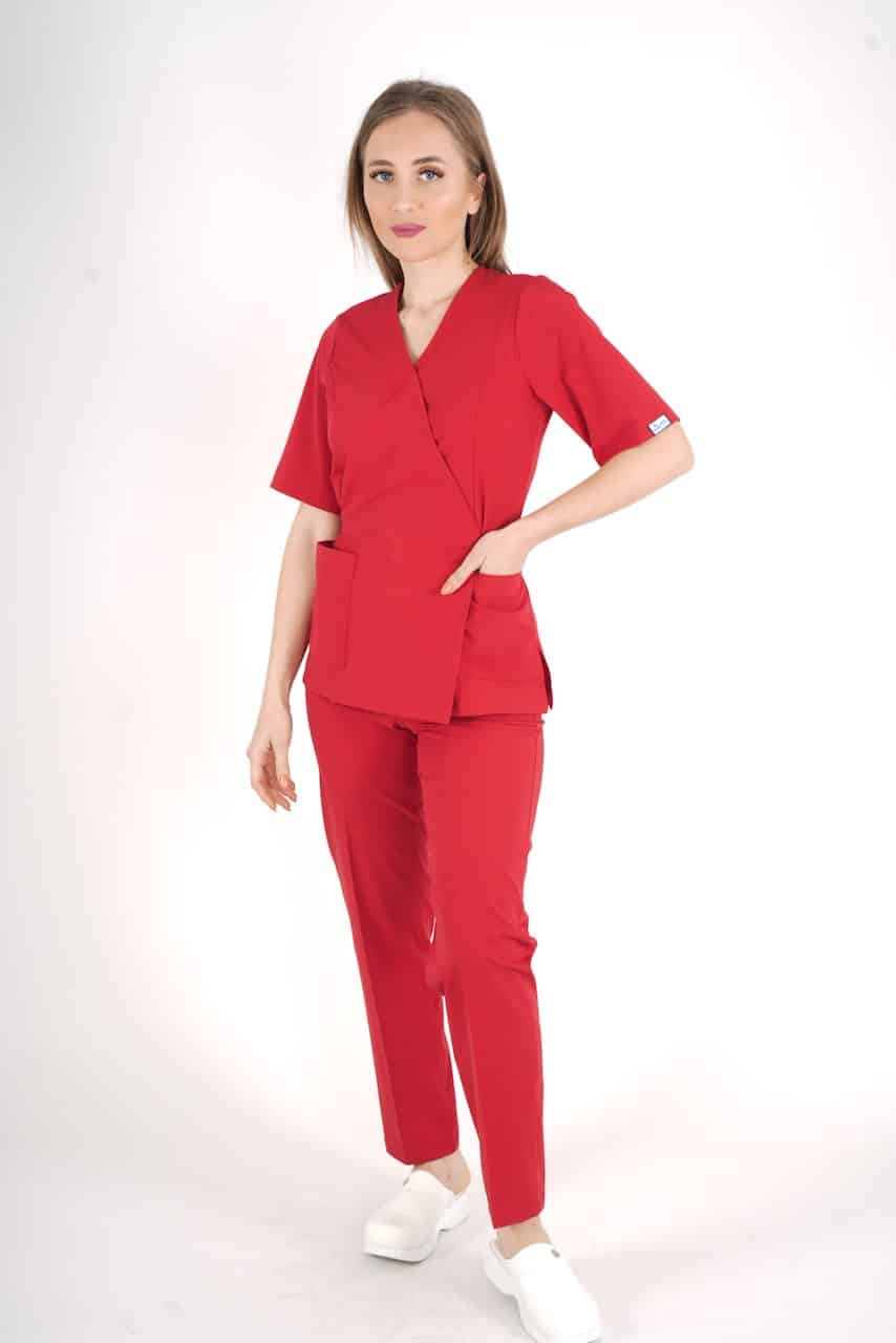 წითელი, ელეგანტური, ქირურგიული უნიფორმის სკრაბების ნაკრები, წელზე შესაკრავით