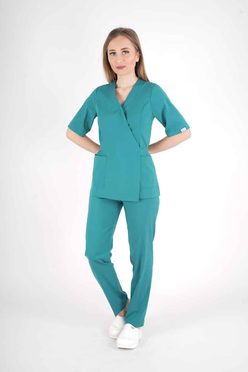 ელეგანტური, მწვანე ქირურგიული უნიფორმის კომპლექტი, წელზე შესაკრავით