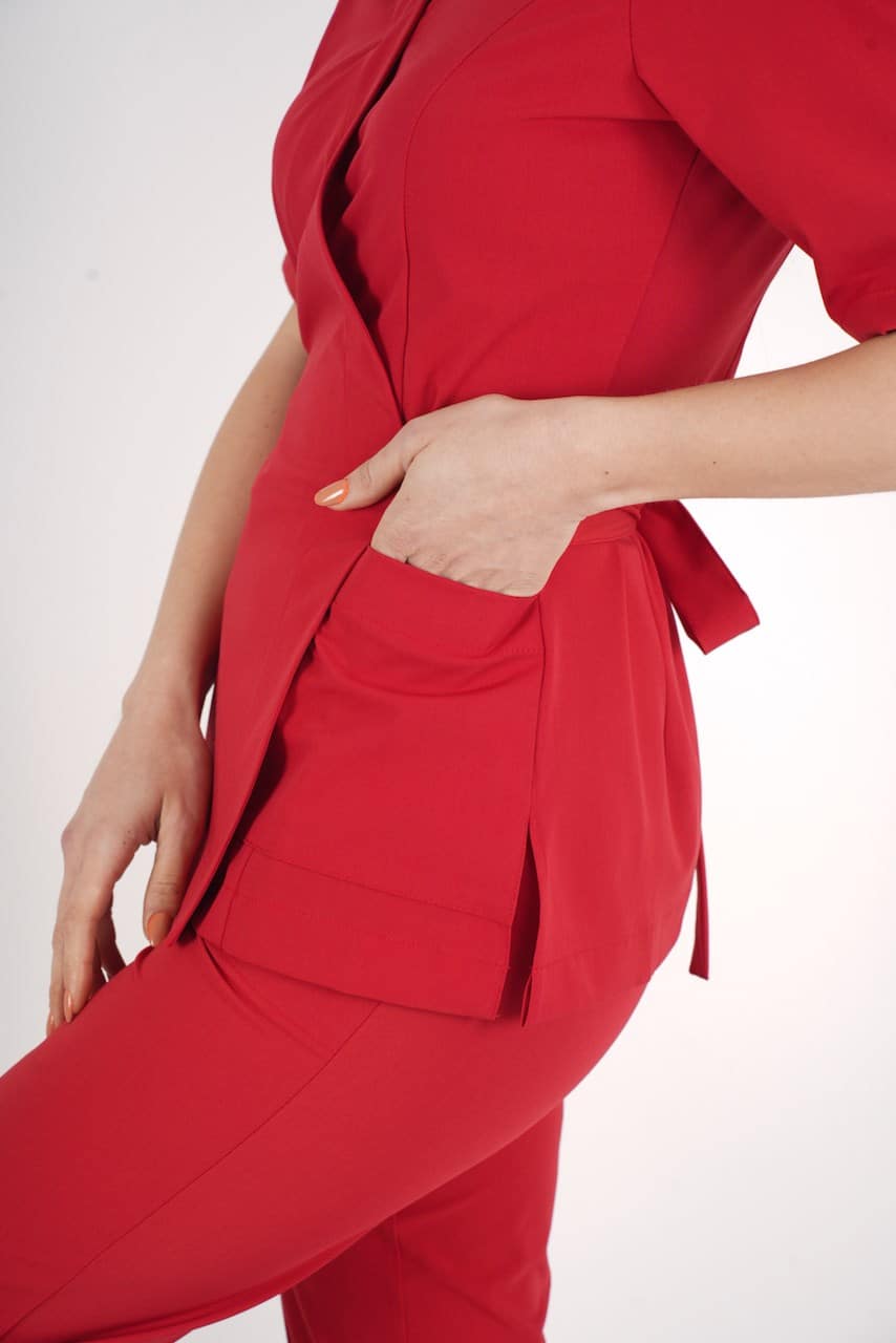 წითელი, ელეგანტური, ქირურგიული უნიფორმის სკრაბების ნაკრები, წელზე შესაკრავით