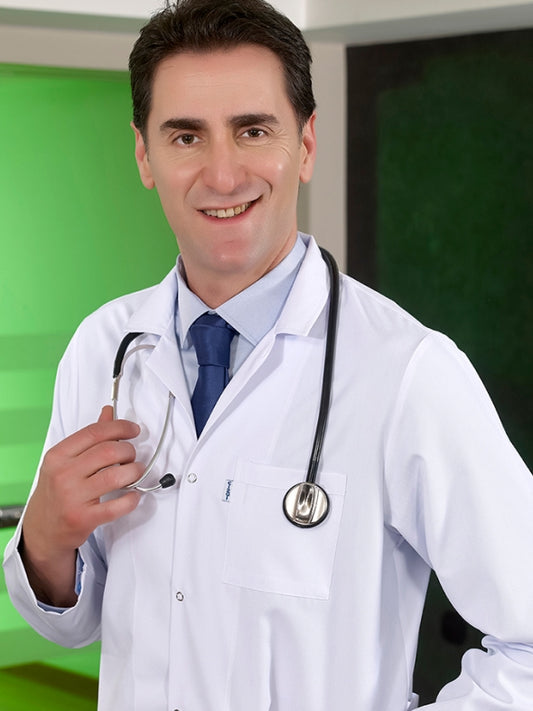 თეთრი კლასიკური საყელოიანი მამაკაცის ექიმის ხალათი ალპაკას ქსოვილისგან