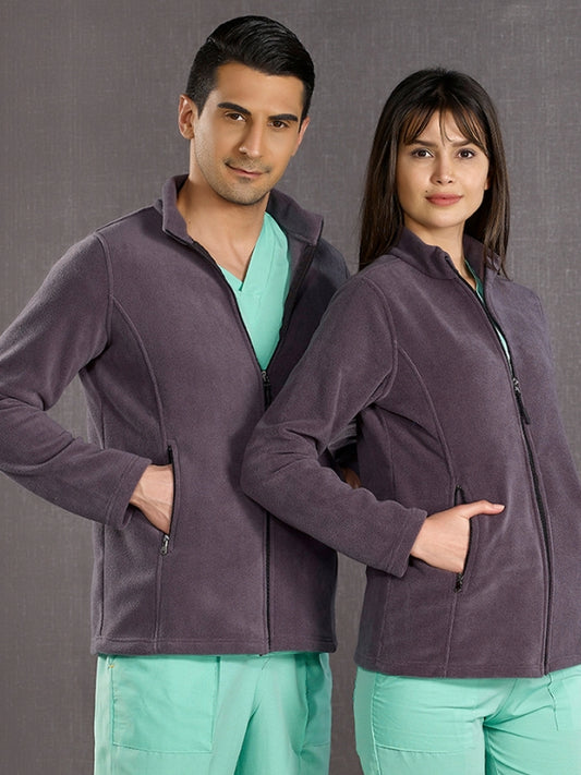 ნაცრისფერი ექიმის/ექთნის სამედიცინო ფლისის ქურთუკი, ფლისის ქსოვილი