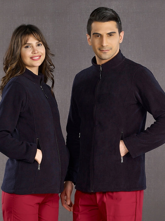 მუქი ლურჯი ექიმის/ექთნის სამედიცინო პოლარული ქურთუკი, პოლარული ქსოვილი