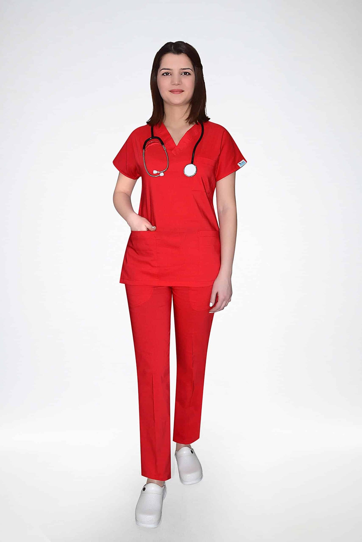 წითელი უნისექსი ლიკრას სამედიცინო უნიფორმის ნაკრები ექიმისა და ექთნისთვის