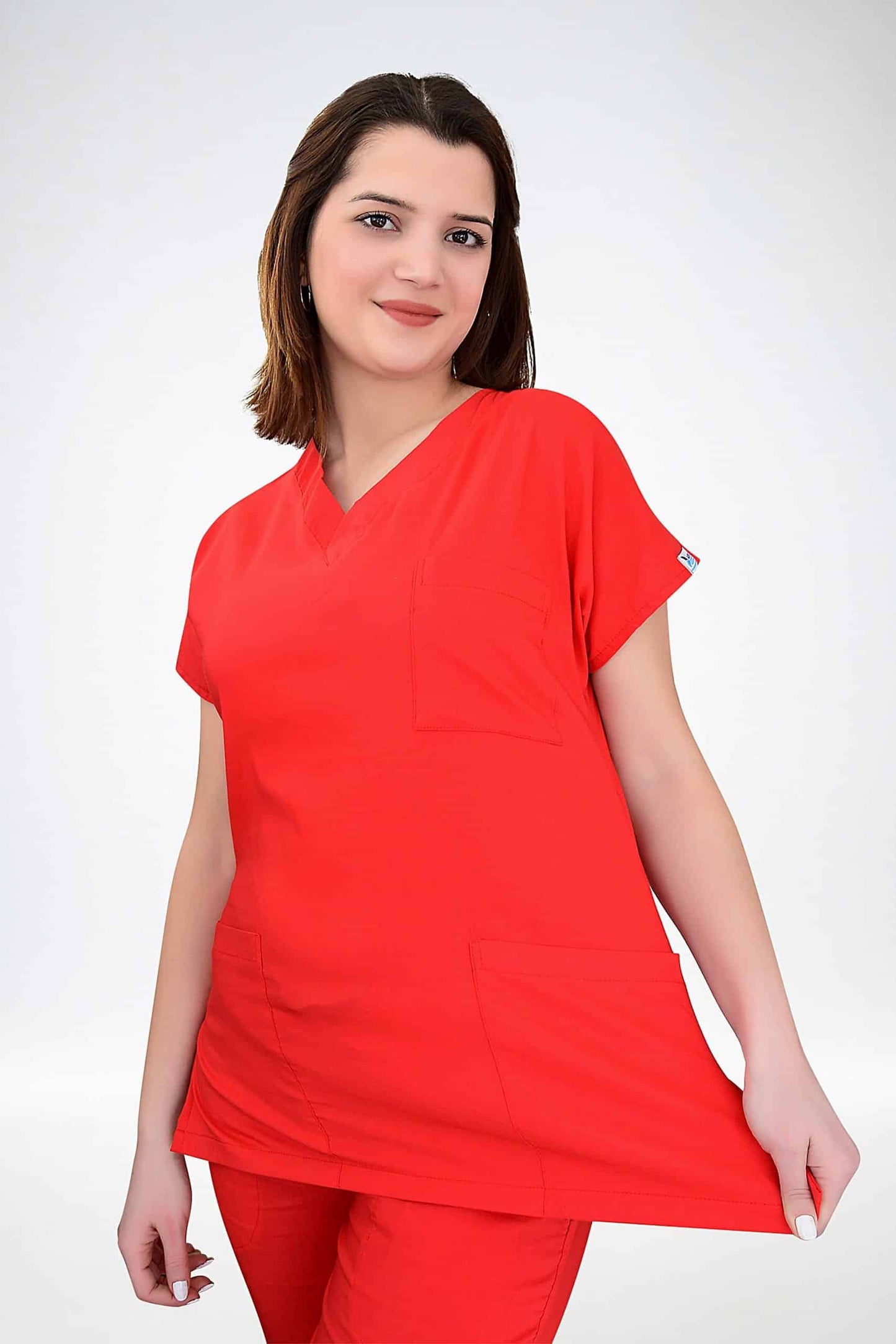 წითელი უნისექსი ლიკრას სამედიცინო უნიფორმის ნაკრები ექიმისა და ექთნისთვის