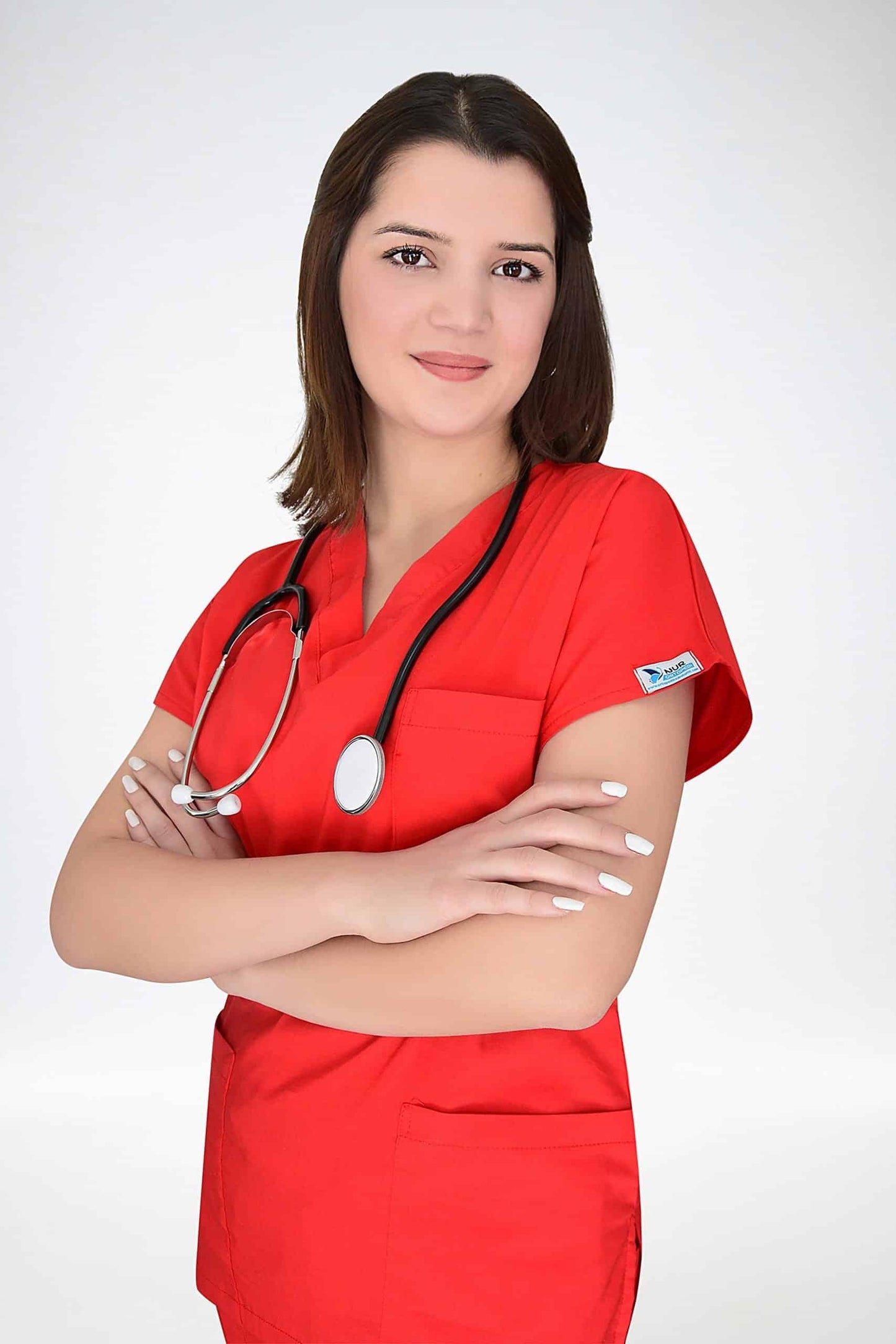 წითელი უნისექსი ლიკრას სამედიცინო უნიფორმის ნაკრები ექიმისა და ექთნისთვის