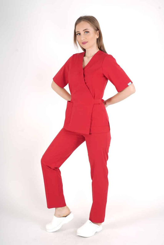 წითელი, ელეგანტური, ქირურგიული უნიფორმის სკრაბების ნაკრები, წელზე შესაკრავით