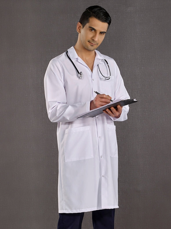 თეთრი კლასიკური საყელოიანი მამაკაცის ექიმის ხალათი ალპაკას ქსოვილისგან