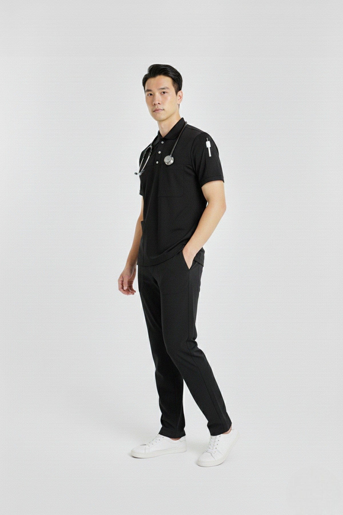 ზულუ მოდელი, შავი, მაღალყელიანი, ელასტიური ქსოვილის მამაკაცის ექიმის/ექთნის უნიფორმა-კომპლექტი