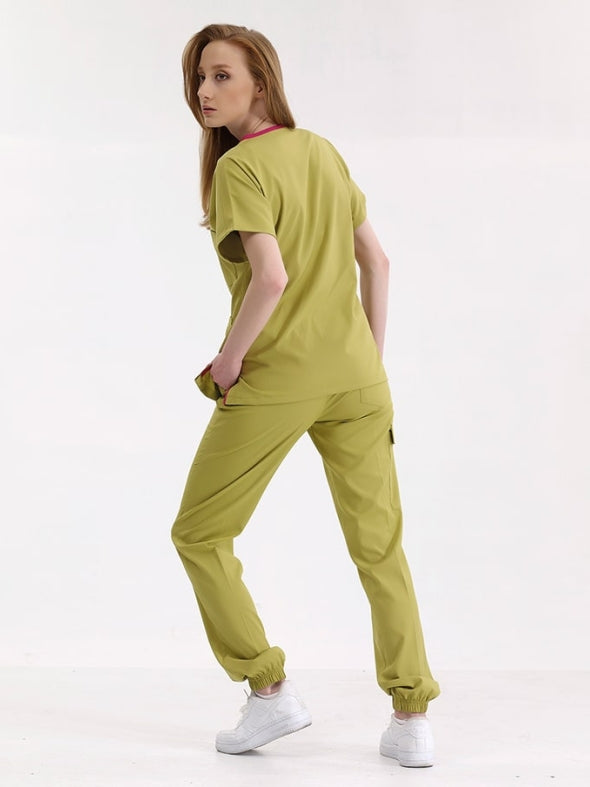 მწვანე ფერის პისტაჩოსფერი სამედიცინო კომპლექტი ექიმისთვის, ექთნისთვის, ჯოგერის სტილში, ლუქს კლასის ლიკრას ქსოვილისგან