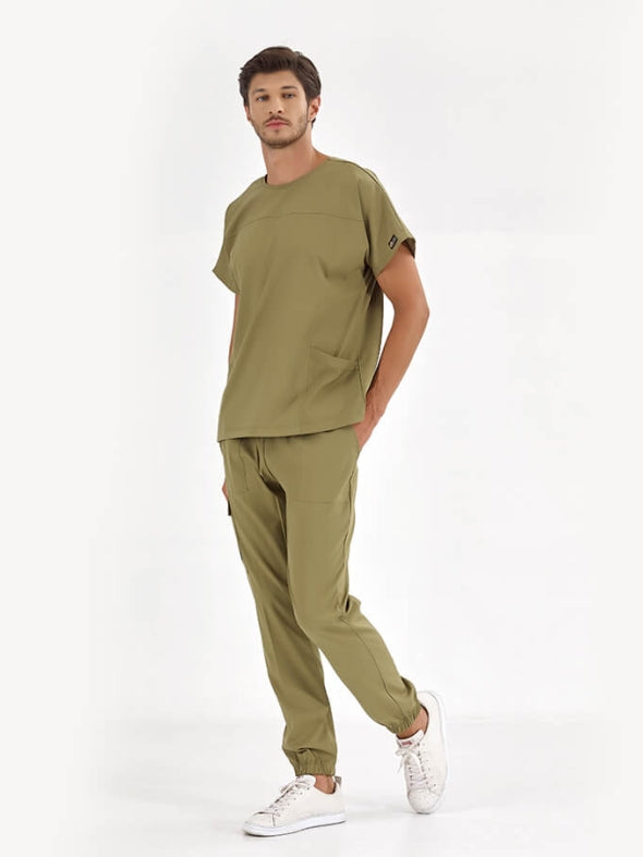 ხაკის ფერის საბაზისო სამედიცინო სკრაბების ნაკრები ექიმისთვის, ექთნისთვის, ფუფუნებილი ლაიკრას ქსოვილისგან