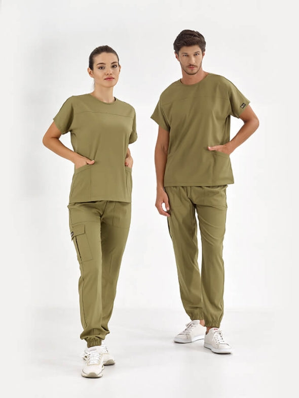 ხაკის ფერის საბაზისო სამედიცინო სკრაბების ნაკრები ექიმისთვის, ექთნისთვის, ფუფუნებილი ლაიკრას ქსოვილისგან