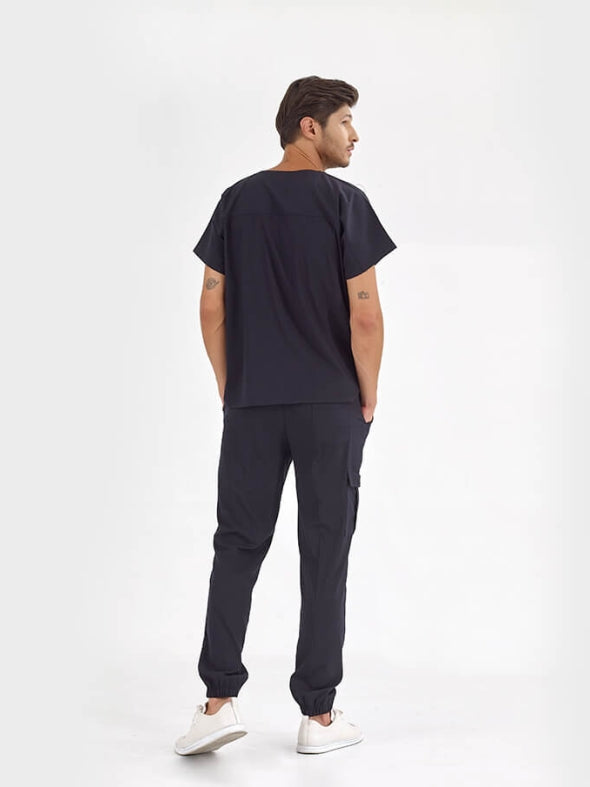 მუქი ლურჯი ჯოგერის სტილის სამედიცინო კომპლექტი ექიმისთვის, ექთნისთვის, ფუფხიანი ქსოვილისგან, ლუქს კლასი