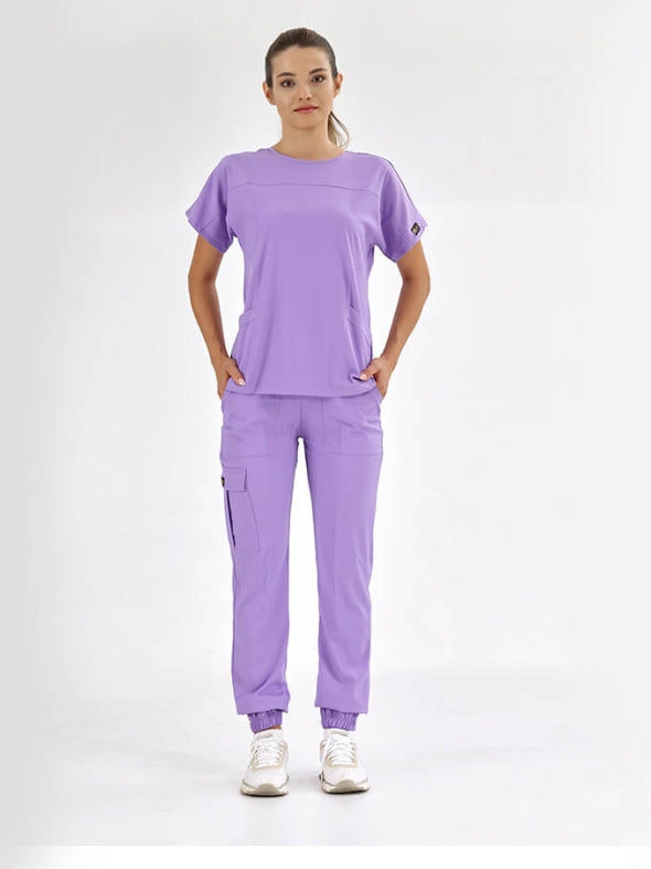 იასამნისფერი ჯოგერის, ექიმის, ექთნის სამედიცინო სკრაბების ლუქს ნაკრები, ლიკრას ქსოვილი