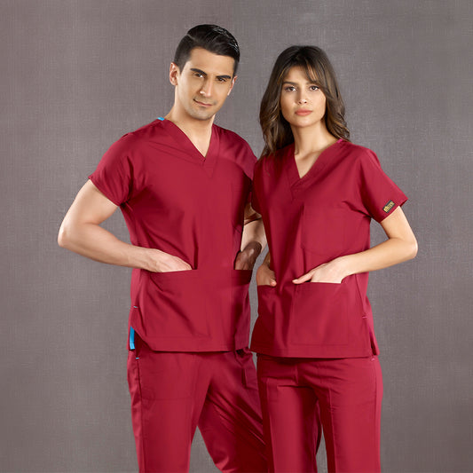 ბორდოს ფერის სამედიცინო სკრაბი. უნისექსი ექიმებისთვის და ექთნებისთვის.მედ. პერსონალისთვის