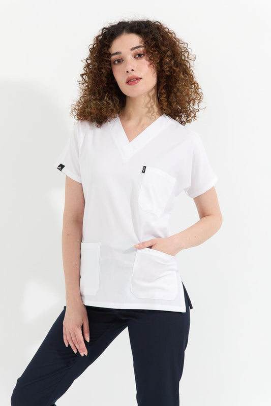 ლიკრის ექიმის/ექთნის უნიფორმის ნაკრები, თეთრი, მუქი ლურჯი