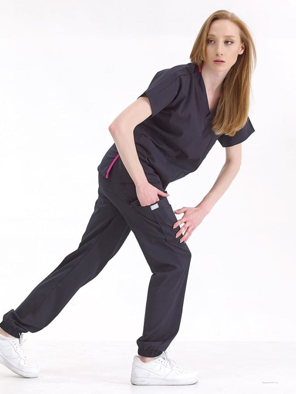 მუქი ლურჯი ჯოგერის სტილის სამედიცინო უნიფორმა ექიმისთვის, ექთნისთვის, ლუქს კლასის ელასტიური ქსოვილი