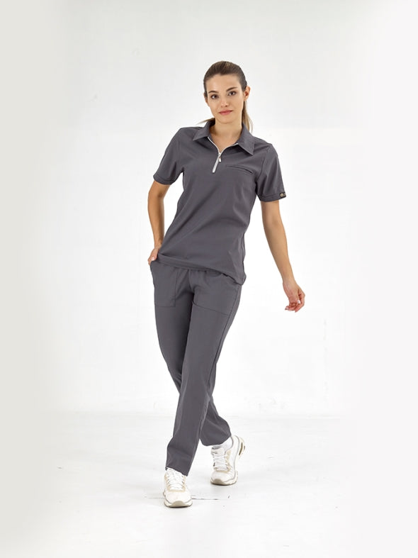 ნაცრისფერი პოლოს საყელოიანი ექიმის/ექთნის სამედიცინო სკრაბების ლუქს ნაკრები, ლიკრას ქსოვილი