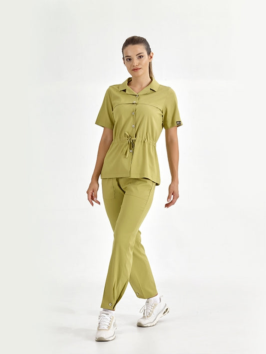 ანტეპის ფისტას ფერის რეტრო ქალის სამედიცინო სკრაბების ნაკრები ექიმისთვის/ექთნისთვის, ლუქს ელასტიური ქსოვილი