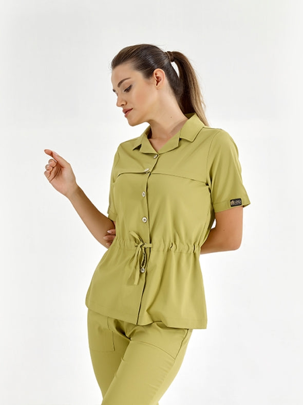 ანტეპის ფისტას ფერის რეტრო ქალის სამედიცინო სკრაბების ნაკრები ექიმისთვის/ექთნისთვის, ლუქს ელასტიური ქსოვილი