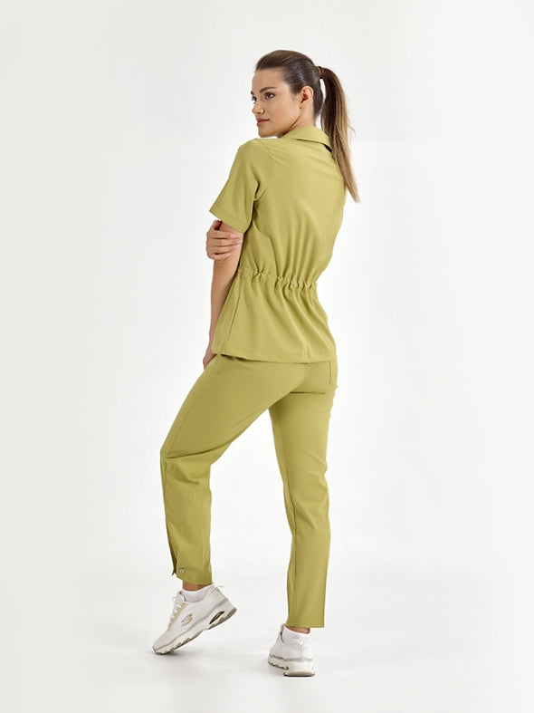 ანტეპის ფისტას ფერის რეტრო ქალის სამედიცინო სკრაბების ნაკრები ექიმისთვის/ექთნისთვის, ლუქს ელასტიური ქსოვილი